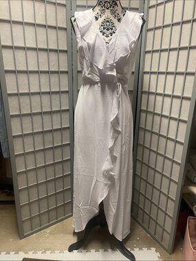 Sleeveless White Ruffle Wrap Maxi Dress with Tie Waist